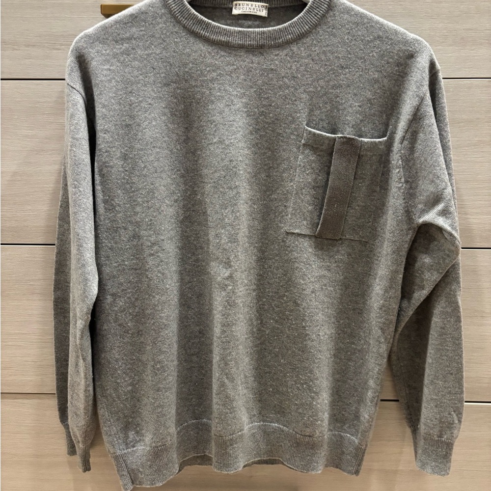 Brunello Cucinelli Grey Crewneck Sweater with Chest Patch Pocket